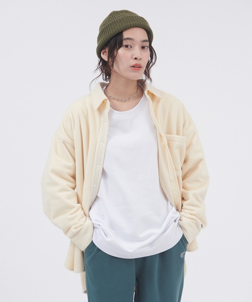 DISCUS ATHLETIC(ディスカス アスレチック)の「DISCUS ATHLETIC/ディスカス アスレチック フリース異素材ビッグシルエットワークシャツ(シャツ/ブラウス・レディース・オフホワイト/ブラック/ブルー・M/L)」の5枚目の写真