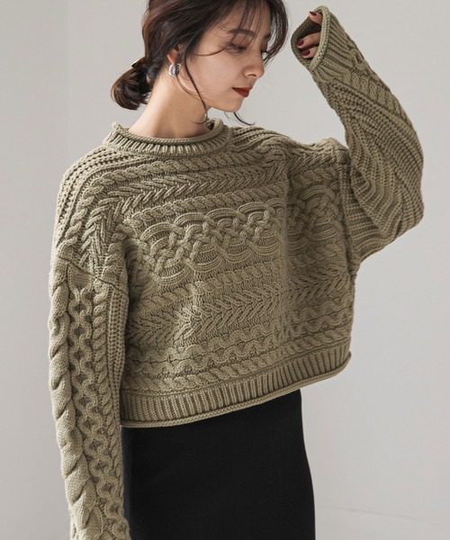 rectangle（レクタングル）の「クロップドケーブルニット（ニット/セーター・レディース・オリーブ/モカ/ナチュラル/ピンク/ベージュ/ブラック・FREE）」の5枚目の写真