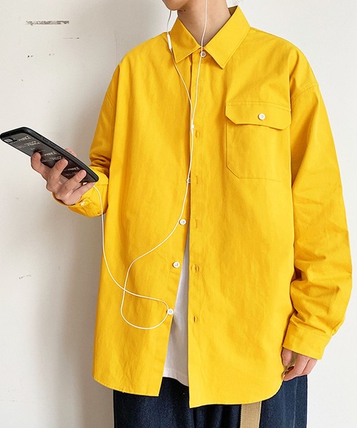 Anuenue（アヌエヌエ）の「メンズ ポケット付き長袖シャツ（シャツ/ブラウス・メンズ・ホワイト/ライトブルー/ブラック/カーキ/ピンク/イエロー/オレンジ/ライトグリーン・2L/3L/4L/M/L）」の6枚目の写真