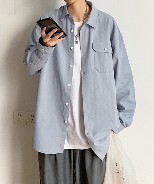 Anuenue（アヌエヌエ）の「メンズ ポケット付き長袖シャツ（シャツ/ブラウス・メンズ・ホワイト/ライトブルー/ブラック/カーキ/ピンク/イエロー/オレンジ/ライトグリーン・2L/3L/4L/M/L）」の5枚目の写真