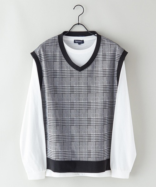 Blue Standard （ブルースタンダード）の「【BLUE STANDARD/ブルースタンダード】ジャガードベスト　ロンＴ　２点セット　セットアップ（Tシャツ/カットソー・メンズ・ベージュ/グレー/ブルー・MEDIUM/LARGE/X-LARGE）」の2枚目の写真