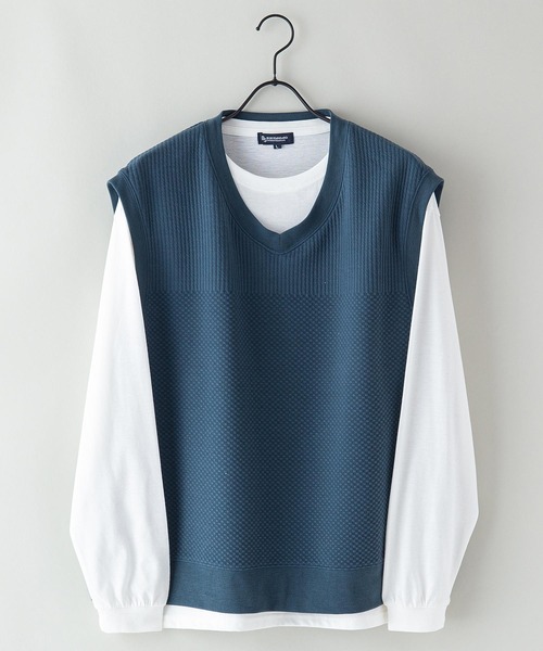 Blue Standard （ブルースタンダード）の「【BLUE STANDARD/ブルースタンダード】ジャガードベスト　ロンＴ　２点セット　セットアップ（Tシャツ/カットソー・メンズ・ベージュ/グレー/ブルー・MEDIUM/LARGE/X-LARGE）」の3枚目の写真