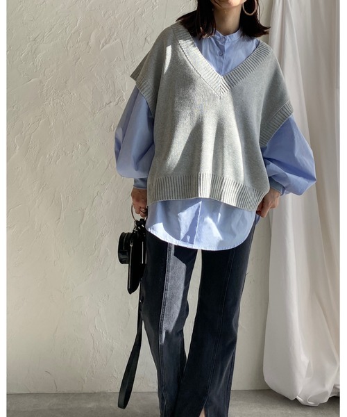 She's Closet(シーズクローゼット)の「深vネック片畦編みオーバーサイズロング丈ドルマンニットベスト(ベスト・レディース・ブラック/グリーン/アイボリー/杢グレー・FREE)」の21枚目の写真