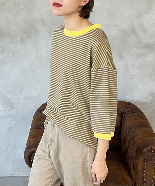 kutir（クティール）の「マルチボーダーリンガーTシャツ（Tシャツ/カットソー・レディース・ブラウン/オフホワイト/サックスブルー/オレンジ/ブルー/ライトグリーン・FREE）」の3枚目の写真