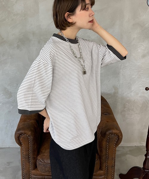 kutir（クティール）の「マルチボーダーリンガーTシャツ（Tシャツ/カットソー・レディース・ブラウン/オフホワイト/サックスブルー/オレンジ/ブルー/ライトグリーン・FREE）」の2枚目の写真