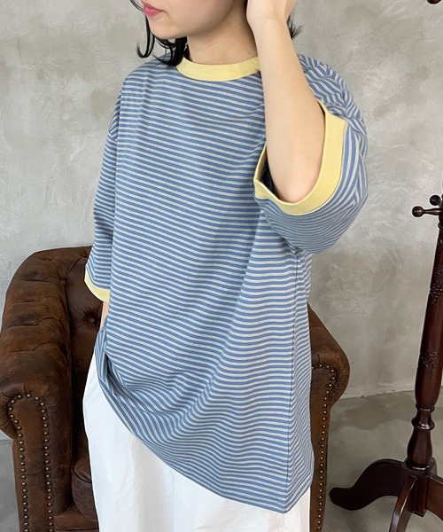 kutir（クティール）の「マルチボーダーリンガーTシャツ（Tシャツ/カットソー・レディース・ブラウン/オフホワイト/サックスブルー/オレンジ/ブルー/ライトグリーン・FREE）」の5枚目の写真