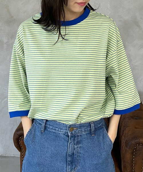 kutir（クティール）の「マルチボーダーリンガーTシャツ（Tシャツ/カットソー・レディース・ブラウン/オフホワイト/サックスブルー/オレンジ/ブルー/ライトグリーン・FREE）」の4枚目の写真