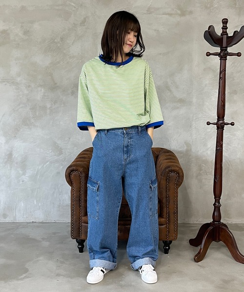 kutir（クティール）の「マルチボーダーリンガーTシャツ（Tシャツ/カットソー・レディース・ブラウン/オフホワイト/サックスブルー/オレンジ/ブルー/ライトグリーン・FREE）」の22枚目の写真