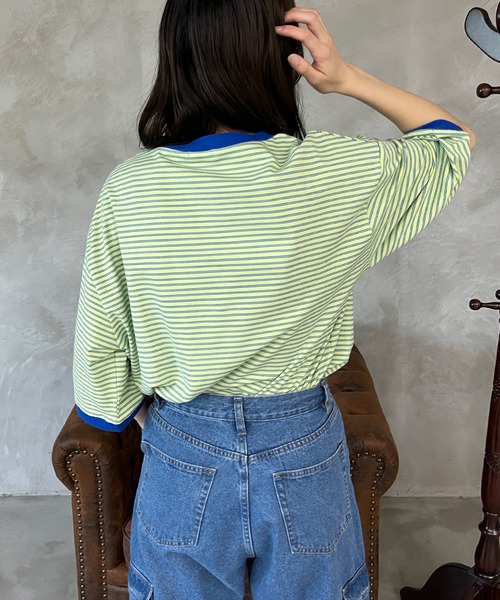 kutir（クティール）の「マルチボーダーリンガーTシャツ（Tシャツ/カットソー・レディース・ブラウン/オフホワイト/サックスブルー/オレンジ/ブルー/ライトグリーン・FREE）」の21枚目の写真