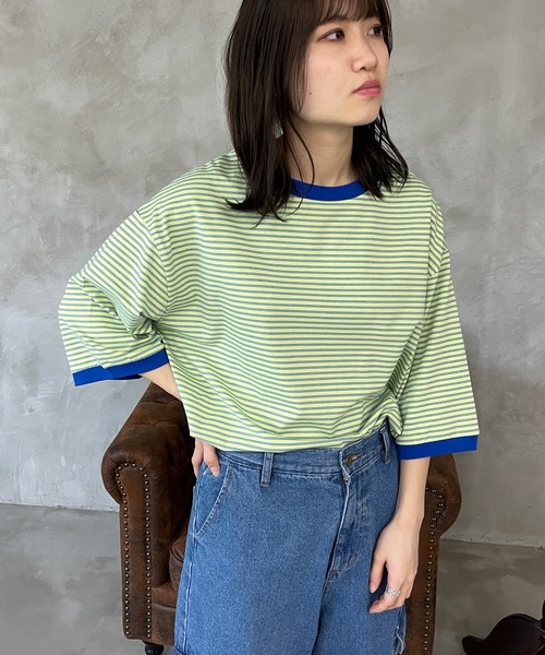 kutir（クティール）の「マルチボーダーリンガーTシャツ（Tシャツ/カットソー・レディース・ブラウン/オフホワイト/サックスブルー/オレンジ/ブルー/ライトグリーン・FREE）」の20枚目の写真