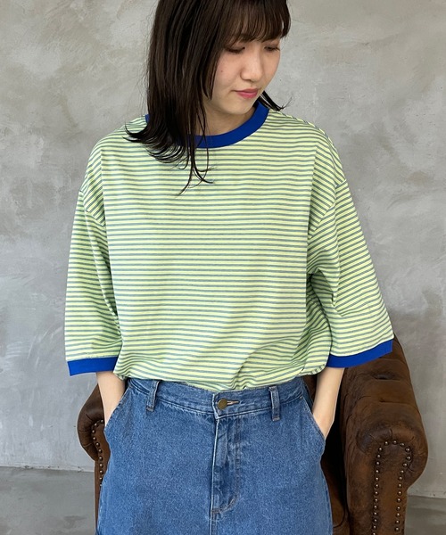 kutir（クティール）の「マルチボーダーリンガーTシャツ（Tシャツ/カットソー・レディース・ブラウン/オフホワイト/サックスブルー/オレンジ/ブルー/ライトグリーン・FREE）」の19枚目の写真