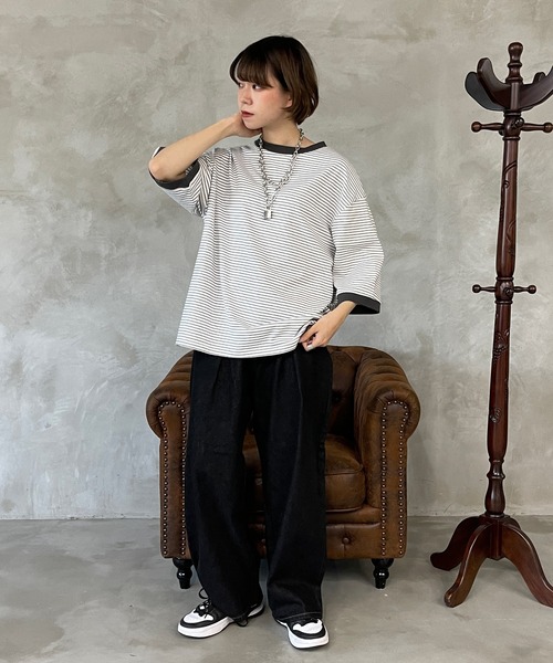 kutir（クティール）の「マルチボーダーリンガーTシャツ（Tシャツ/カットソー・レディース・ブラウン/オフホワイト/サックスブルー/オレンジ/ブルー/ライトグリーン・FREE）」の9枚目の写真