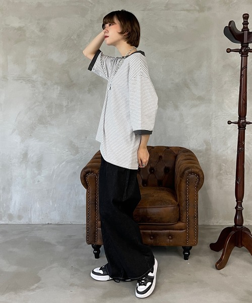 kutir（クティール）の「マルチボーダーリンガーTシャツ（Tシャツ/カットソー・レディース・ブラウン/オフホワイト/サックスブルー/オレンジ/ブルー/ライトグリーン・FREE）」の10枚目の写真