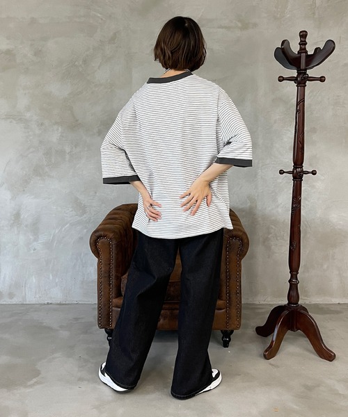 kutir（クティール）の「マルチボーダーリンガーTシャツ（Tシャツ/カットソー・レディース・ブラウン/オフホワイト/サックスブルー/オレンジ/ブルー/ライトグリーン・FREE）」の11枚目の写真