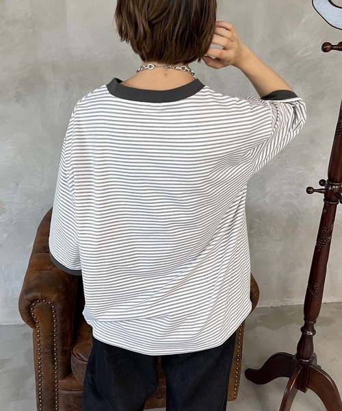 kutir（クティール）の「マルチボーダーリンガーTシャツ（Tシャツ/カットソー・レディース・ブラウン/オフホワイト/サックスブルー/オレンジ/ブルー/ライトグリーン・FREE）」の8枚目の写真