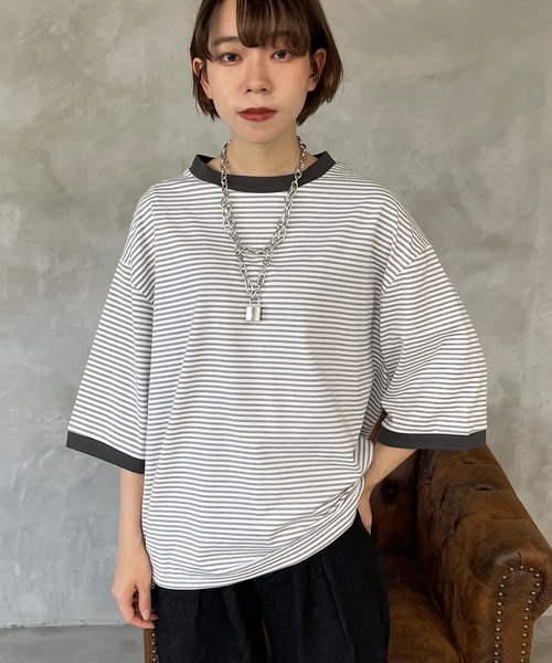 kutir（クティール）の「マルチボーダーリンガーTシャツ（Tシャツ/カットソー・レディース・ブラウン/オフホワイト/サックスブルー/オレンジ/ブルー/ライトグリーン・FREE）」の7枚目の写真