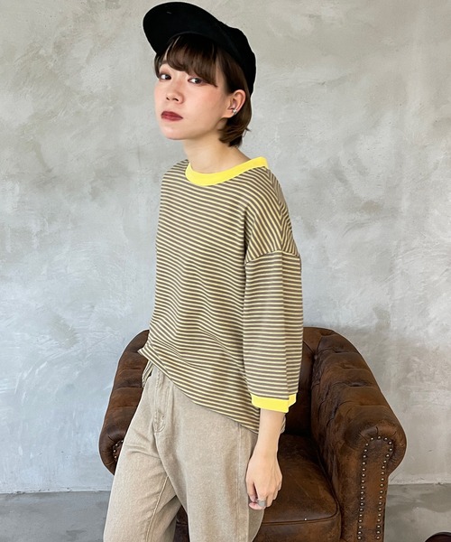 kutir（クティール）の「マルチボーダーリンガーTシャツ（Tシャツ/カットソー・レディース・ブラウン/オフホワイト/サックスブルー/オレンジ/ブルー/ライトグリーン・FREE）」の13枚目の写真