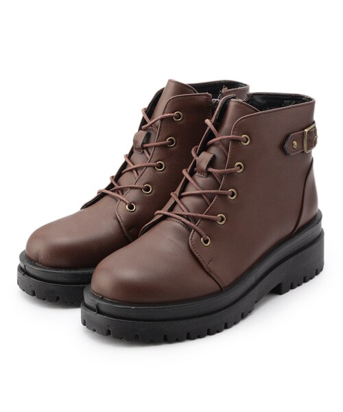 cs T&P(シーエスティーアンドピー)の「【内側ジップ付】バックベルテッドレースアップショートブーツ(ブーツ・レディース・ブラック/ダークブラウン・M/L)」の1枚目の写真