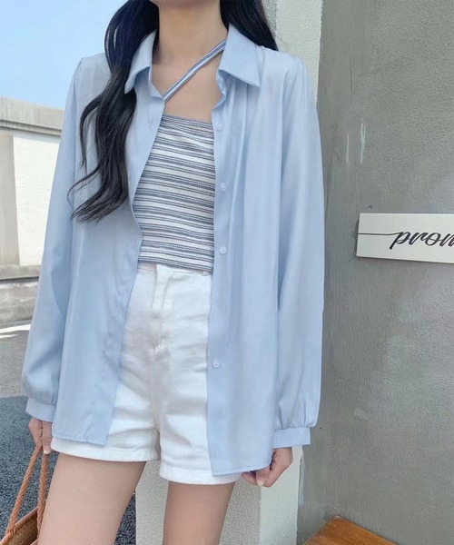 me+em select（ミームセレクト）の「【 セットアイテム 】サテンビッグシャツ＆クロスストラップショートキャミソール　SET（シャツ/ブラウス・レディース・ホワイト/スモークピンク/ベージュ/ブルー・FREE）」の9枚目の写真