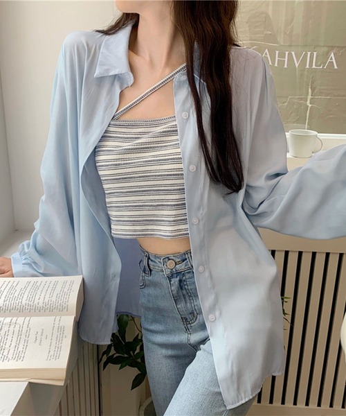 me+em select（ミームセレクト）の「【 セットアイテム 】サテンビッグシャツ＆クロスストラップショートキャミソール　SET（シャツ/ブラウス・レディース・ホワイト/スモークピンク/ベージュ/ブルー・FREE）」の5枚目の写真