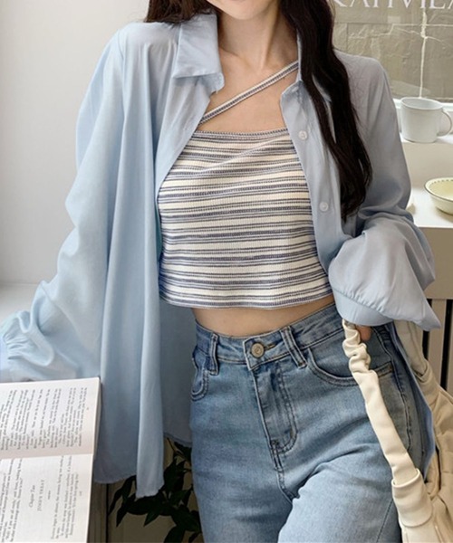 me+em select（ミームセレクト）の「【 セットアイテム 】サテンビッグシャツ＆クロスストラップショートキャミソール　SET（シャツ/ブラウス・レディース・ホワイト/スモークピンク/ベージュ/ブルー・FREE）」の14枚目の写真