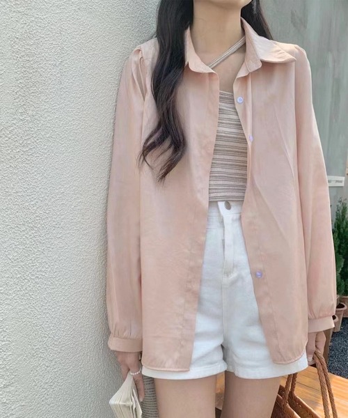 me+em select（ミームセレクト）の「【 セットアイテム 】サテンビッグシャツ＆クロスストラップショートキャミソール　SET（シャツ/ブラウス・レディース・ホワイト/スモークピンク/ベージュ/ブルー・FREE）」の6枚目の写真