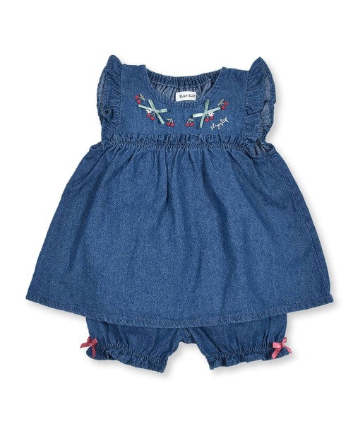 SLAP SLIP BABY（スラップスリップベビー）の「SLAPSLIPBABY/チェリー刺繍リボンデニムレースコットンブルマ付きワンピースベビー(70~80cm)（ワンピース・キッズ・ピンク/ブルー・ONESIZE）」の2枚目の写真
