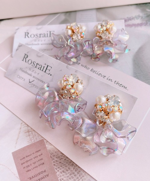 RosraiE】キラキラ ビジュー フラワーフリル ピアス(MA)（ピアス