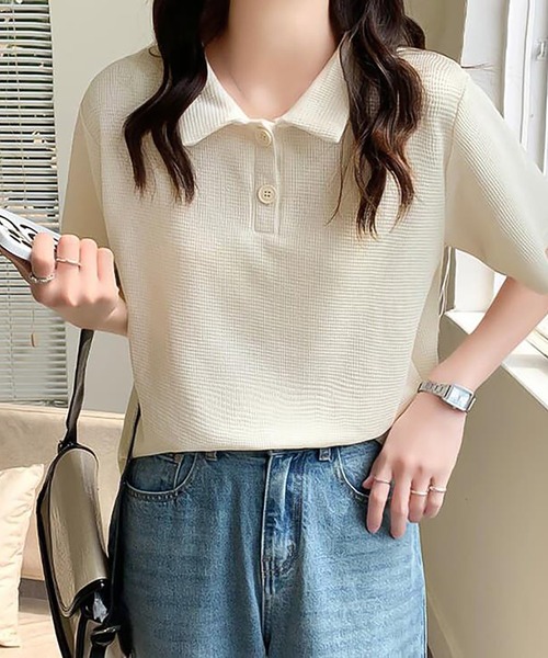 Girly Doll(ガーリードール)の「ワッフルポロシャツ(Tシャツ/カットソー・レディース・ホワイト/ブラック/ベージュ/グリーン/ピンク・F)」の1枚目の写真