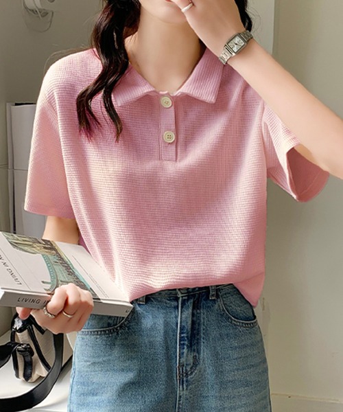 Girly Doll(ガーリードール)の「ワッフルポロシャツ(Tシャツ/カットソー・レディース・ホワイト/ブラック/ベージュ/グリーン/ピンク・F)」の5枚目の写真