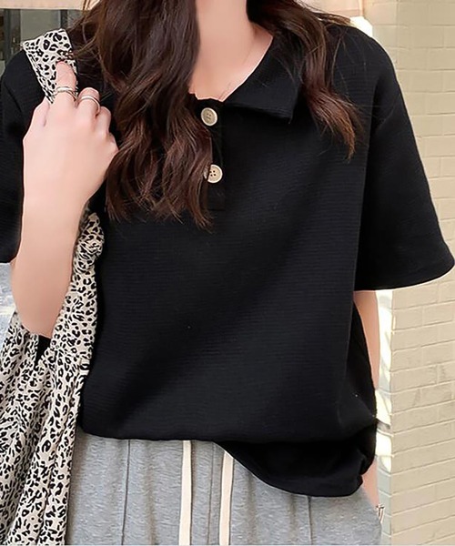 Girly Doll(ガーリードール)の「ワッフルポロシャツ(Tシャツ/カットソー・レディース・ホワイト/ブラック/ベージュ/グリーン/ピンク・F)」の4枚目の写真