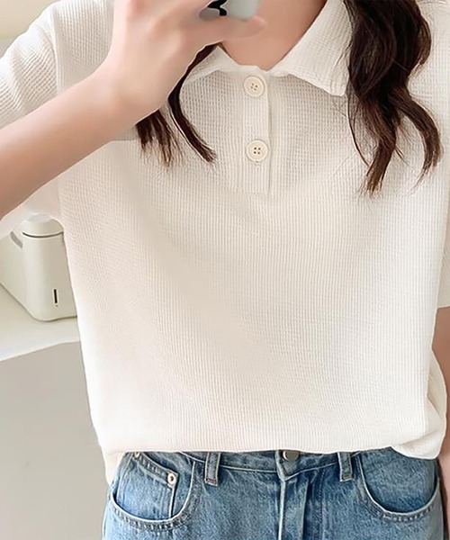 Girly Doll(ガーリードール)の「ワッフルポロシャツ(Tシャツ/カットソー・レディース・ホワイト/ブラック/ベージュ/グリーン/ピンク・F)」の6枚目の写真