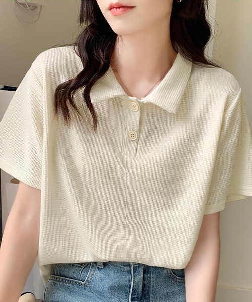 Girly Doll(ガーリードール)の「ワッフルポロシャツ(Tシャツ/カットソー・レディース・ホワイト/ブラック/ベージュ/グリーン/ピンク・F)」の8枚目の写真