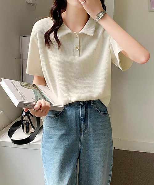 Girly Doll(ガーリードール)の「ワッフルポロシャツ(Tシャツ/カットソー・レディース・ホワイト/ブラック/ベージュ/グリーン/ピンク・F)」の9枚目の写真