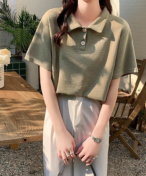 Girly Doll(ガーリードール)の「ワッフルポロシャツ(Tシャツ/カットソー・レディース・ホワイト/ブラック/ベージュ/グリーン/ピンク・F)」の11枚目の写真