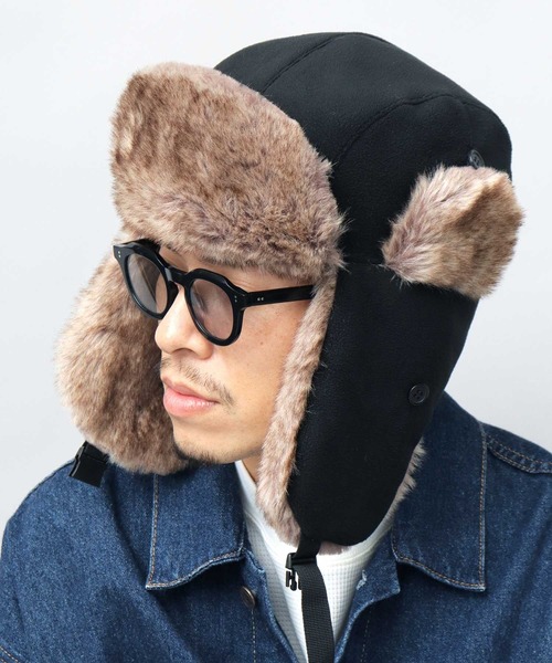 高密度フェイクファー×マイクロフリースフライトキャップ