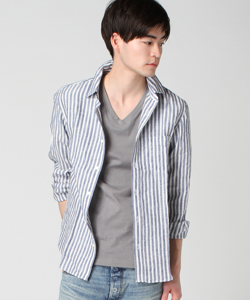 JOURNAL STANDARD（ジャーナルスタンダード）の「リネンブルーストライプ*レザーパイピングシャツ # （シャツ/ブラウス・メンズ・ダークブルー/コバルトブルー/ライトホワイト/ホワイト/ホワイト×ホワイト・MEDIUM/SMALL/LARGE）」の3枚目の写真