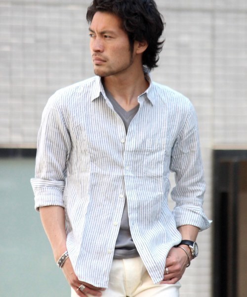 JOURNAL STANDARD（ジャーナルスタンダード）の「リネンブルーストライプ*レザーパイピングシャツ # （シャツ/ブラウス・メンズ・ダークブルー/コバルトブルー/ライトホワイト/ホワイト/ホワイト×ホワイト・MEDIUM/SMALL/LARGE）」の4枚目の写真