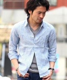 JOURNAL STANDARD | リネンブルーストライプ*レザーパイピングシャツ # (シャツ/ブラウス)