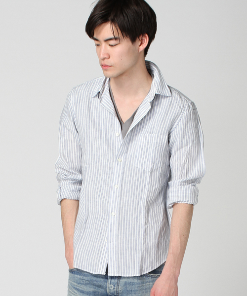 JOURNAL STANDARD（ジャーナルスタンダード）の「リネンブルーストライプ*レザーパイピングシャツ # （シャツ/ブラウス・メンズ・ダークブルー/コバルトブルー/ライトホワイト/ホワイト/ホワイト×ホワイト・MEDIUM/SMALL/LARGE）」の2枚目の写真