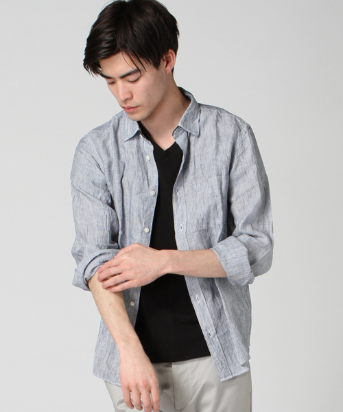 JOURNAL STANDARD（ジャーナルスタンダード）の「リネンブルーストライプ*レザーパイピングシャツ # （シャツ/ブラウス・メンズ・ダークブルー/コバルトブルー/ライトホワイト/ホワイト/ホワイト×ホワイト・MEDIUM/SMALL/LARGE）」の5枚目の写真