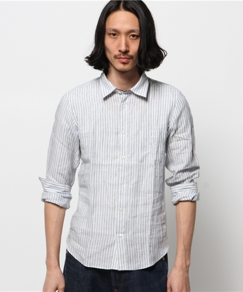 JOURNAL STANDARD（ジャーナルスタンダード）の「リネンブルーストライプ*レザーパイピングシャツ # （シャツ/ブラウス・メンズ・ダークブルー/コバルトブルー/ライトホワイト/ホワイト/ホワイト×ホワイト・MEDIUM/SMALL/LARGE）」の6枚目の写真