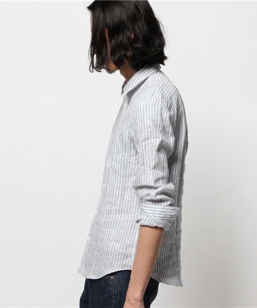 JOURNAL STANDARD（ジャーナルスタンダード）の「リネンブルーストライプ*レザーパイピングシャツ # （シャツ/ブラウス・メンズ・ダークブルー/コバルトブルー/ライトホワイト/ホワイト/ホワイト×ホワイト・MEDIUM/SMALL/LARGE）」の7枚目の写真