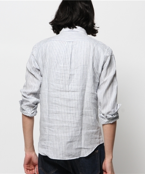 JOURNAL STANDARD（ジャーナルスタンダード）の「リネンブルーストライプ*レザーパイピングシャツ # （シャツ/ブラウス・メンズ・ダークブルー/コバルトブルー/ライトホワイト/ホワイト/ホワイト×ホワイト・MEDIUM/SMALL/LARGE）」の8枚目の写真