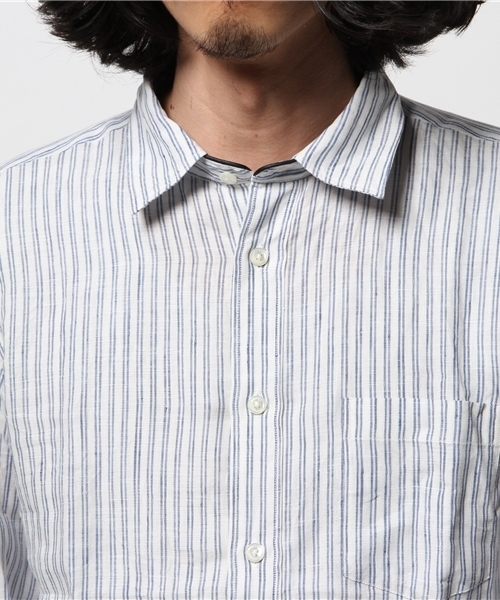 JOURNAL STANDARD（ジャーナルスタンダード）の「リネンブルーストライプ*レザーパイピングシャツ # （シャツ/ブラウス・メンズ・ダークブルー/コバルトブルー/ライトホワイト/ホワイト/ホワイト×ホワイト・MEDIUM/SMALL/LARGE）」の9枚目の写真