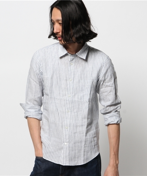 JOURNAL STANDARD（ジャーナルスタンダード）の「リネンブルーストライプ*レザーパイピングシャツ # （シャツ/ブラウス・メンズ・ダークブルー/コバルトブルー/ライトホワイト/ホワイト/ホワイト×ホワイト・MEDIUM/SMALL/LARGE）」の19枚目の写真