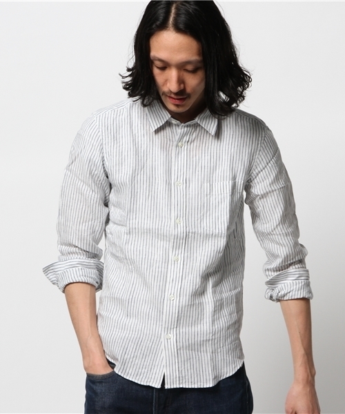 JOURNAL STANDARD（ジャーナルスタンダード）の「リネンブルーストライプ*レザーパイピングシャツ # （シャツ/ブラウス・メンズ・ダークブルー/コバルトブルー/ライトホワイト/ホワイト/ホワイト×ホワイト・MEDIUM/SMALL/LARGE）」の21枚目の写真