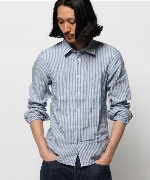 JOURNAL STANDARD（ジャーナルスタンダード）の「リネンブルーストライプ*レザーパイピングシャツ # （シャツ/ブラウス・メンズ・ダークブルー/コバルトブルー/ライトホワイト/ホワイト/ホワイト×ホワイト・MEDIUM/SMALL/LARGE）」の22枚目の写真