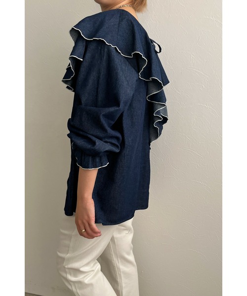 palm RICHE(ポームリシュ)の「前後2way デニムフリルブラウス(シャツ/ブラウス・レディース・ブルー/オフホワイト/ブラック・M)」の12枚目の写真