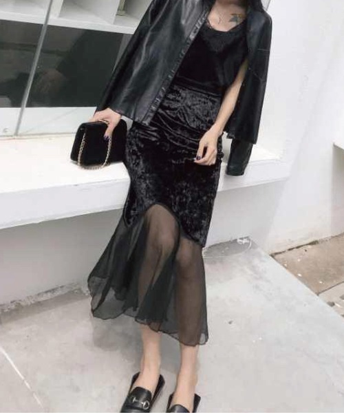 meJane(ミージェーン)の「光沢フロッキー×シフォンドッキングマーメイドスカート(スカート・レディース・ブラック/アイボリー・M/L)」の8枚目の写真